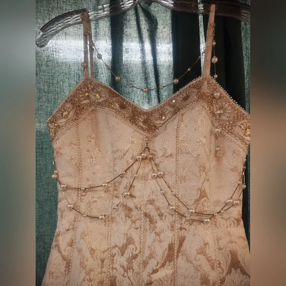 Zara Floor Length Cream/ Gold Dress with Gold Accents and Removable Jewel Accent - Picture 2 of 8